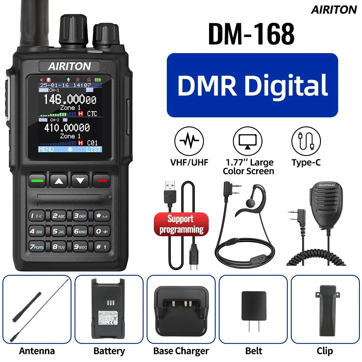 AIRITON DM-168 DMR Digital Analog  Walkie Talkie Dual Mode AES256 Encryption Amateur for AT-D168UV with Type-C Two Way Radio