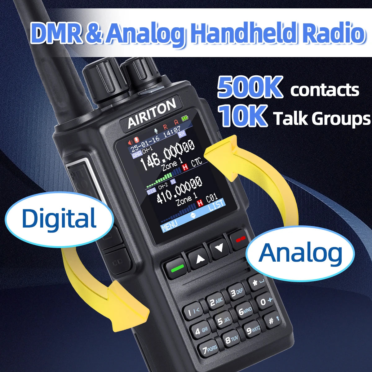AIRITON DM-168 DMR Digital Analog  Walkie Talkie Dual Mode AES256 Encryption Amateur for AT-D168UV with Type-C Two Way Radio