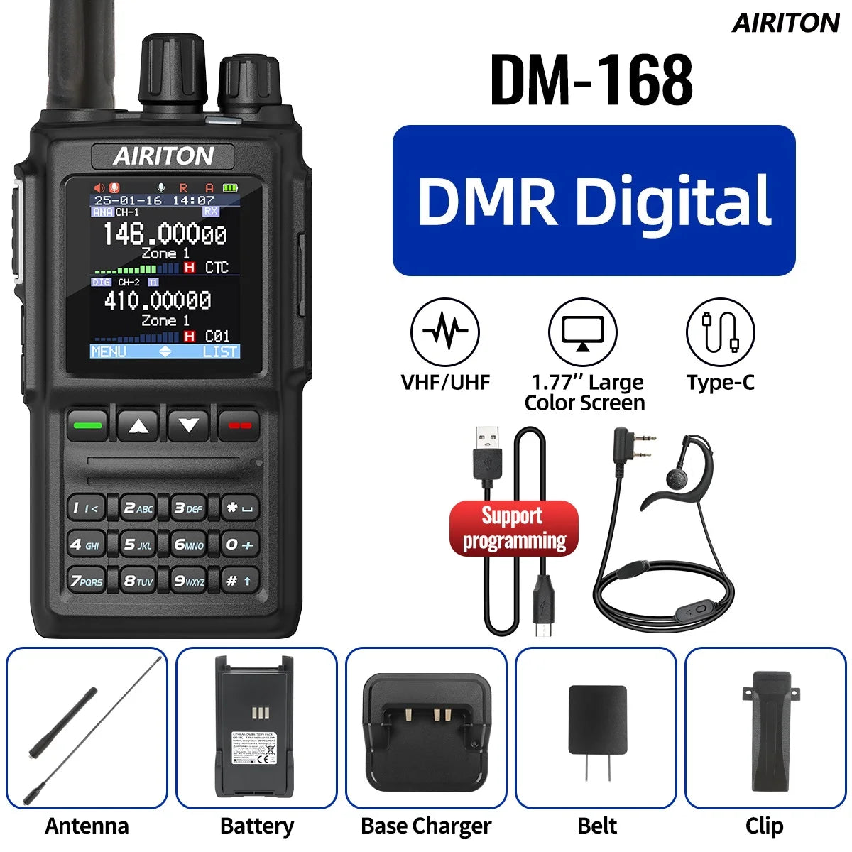 AIRITON DM-168 DMR Digital Analog  Walkie Talkie Dual Mode AES256 Encryption Amateur for AT-D168UV with Type-C Two Way Radio