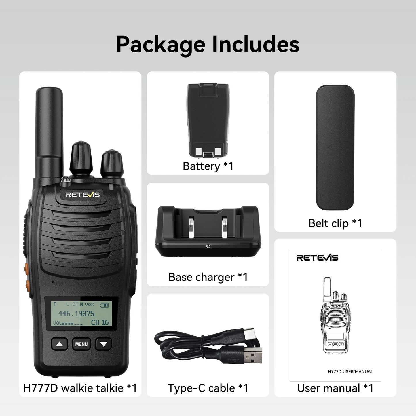Retevis H777D (H777 Upgraded）Walkie Talkie Portable License Free LCD Display Radio Long Range Type-C Walkie-Talkies for Camping