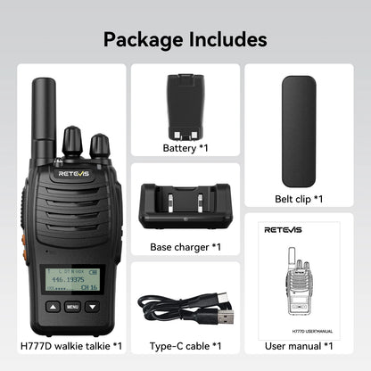 Retevis H777D (H777 Upgraded）Walkie Talkie Portable License Free LCD Display Radio Long Range Type-C Walkie-Talkies for Camping
