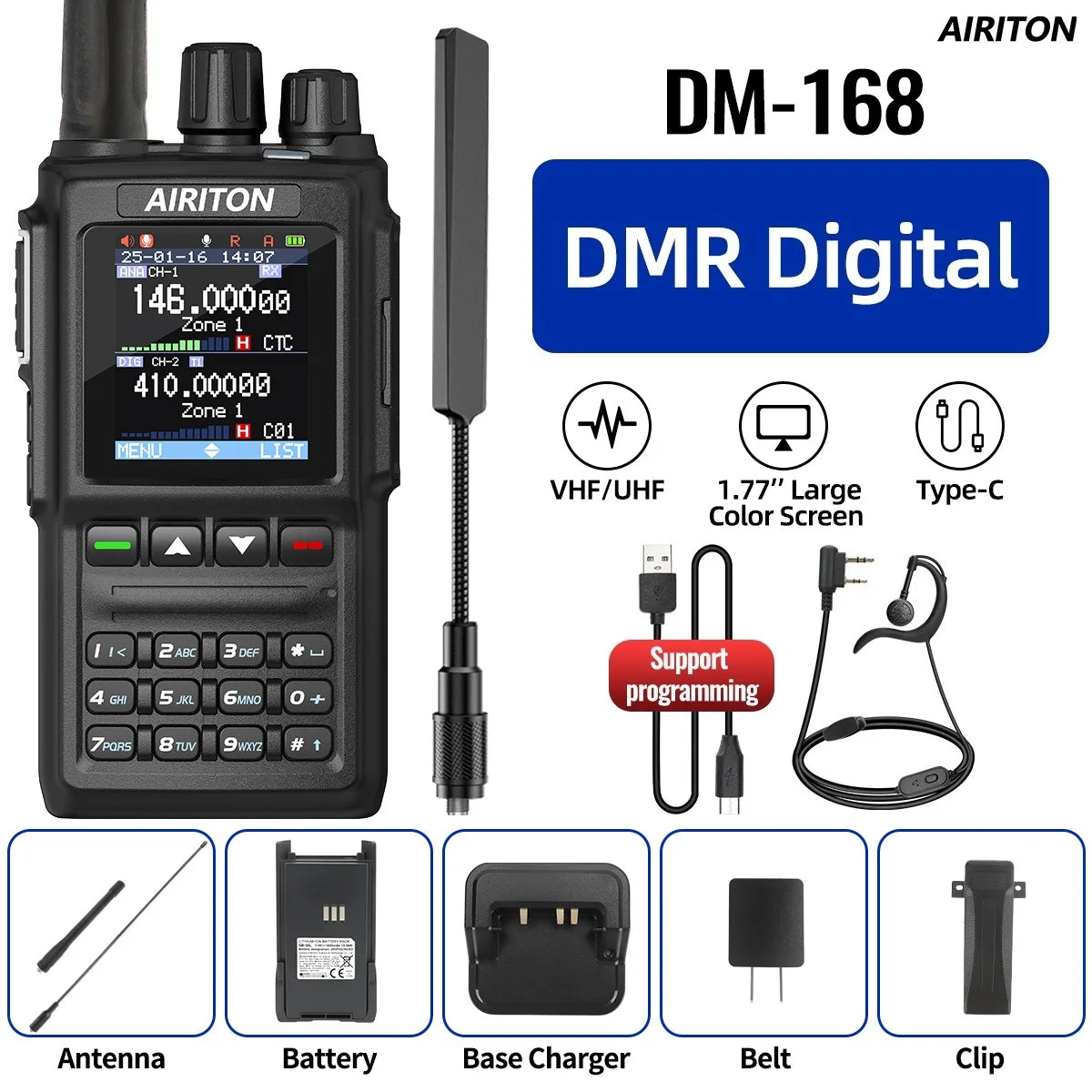 AIRITON DM-168 DMR Digital Analog  Walkie Talkie Dual Mode AES256 Encryption Amateur for AT-D168UV with Type-C Two Way Radio