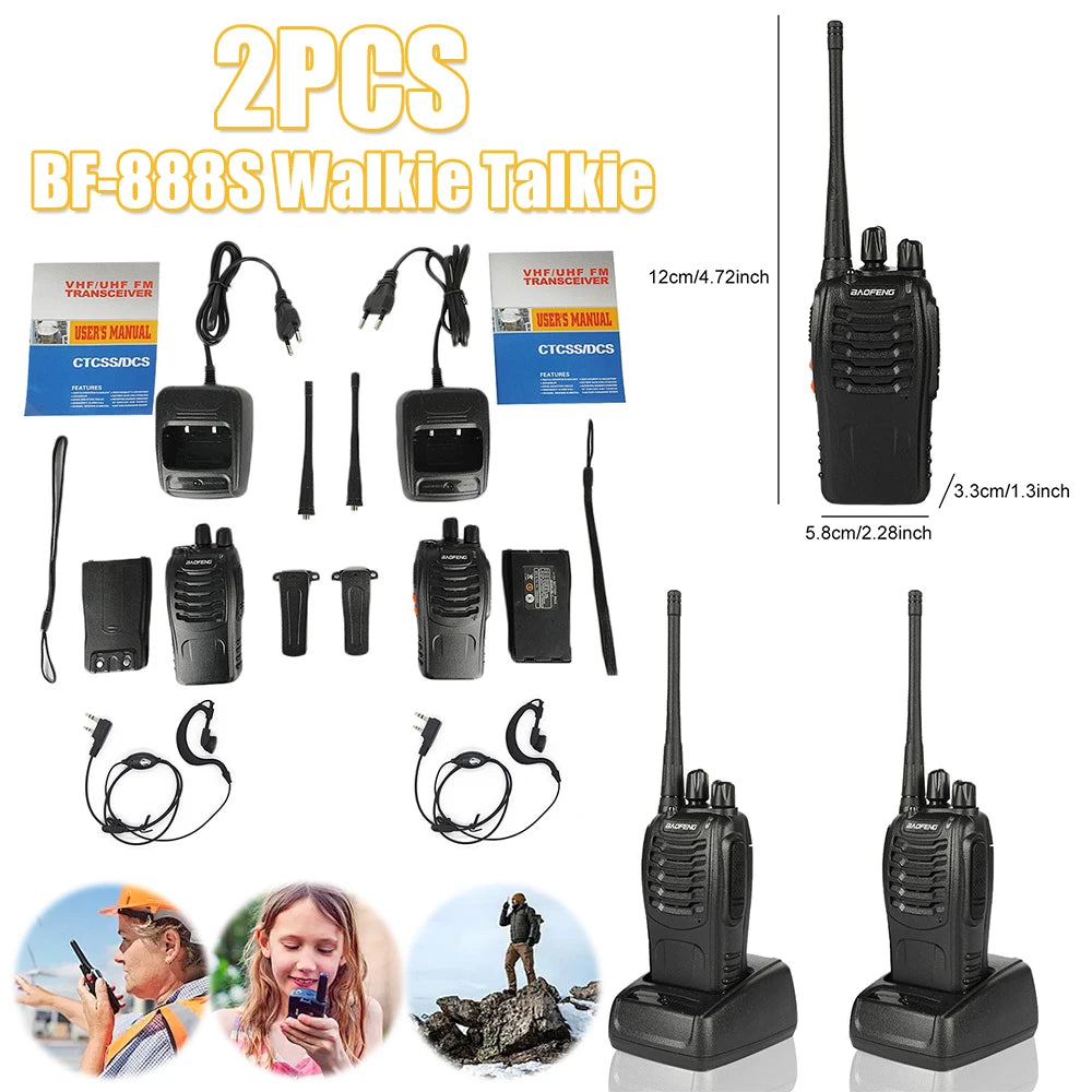 2PCS BF-888S Wireless Walkie Talkie with Earphones Dual Band Walkie Talkie Ham Two Way Radio for Civil Hotel Construction Site