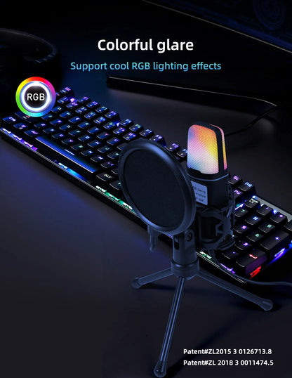 Portable USB Microphone RGB Microfone Condensador Wire Gaming Mic for Podcast Recording Studio Streaming Laptop Desktop