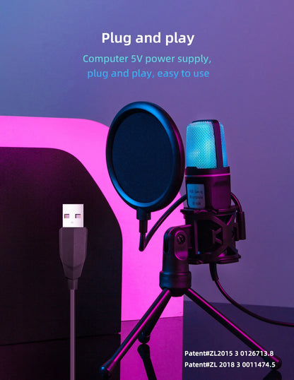 Portable USB Microphone RGB Microfone Condensador Wire Gaming Mic for Podcast Recording Studio Streaming Laptop Desktop
