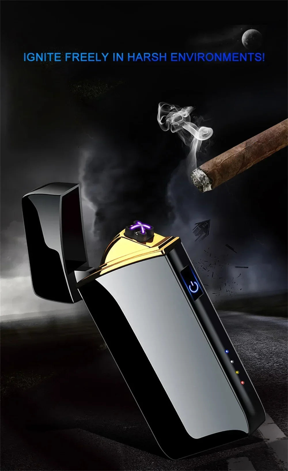 New Electric Windproof Metal Lighter Double Arc Flameless Plasma Rechargeable USB Lighter LED Power Display Touch Lighters Gift