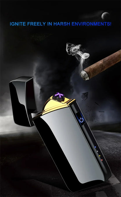 New Electric Windproof Metal Lighter Double Arc Flameless Plasma Rechargeable USB Lighter LED Power Display Touch Lighters Gift
