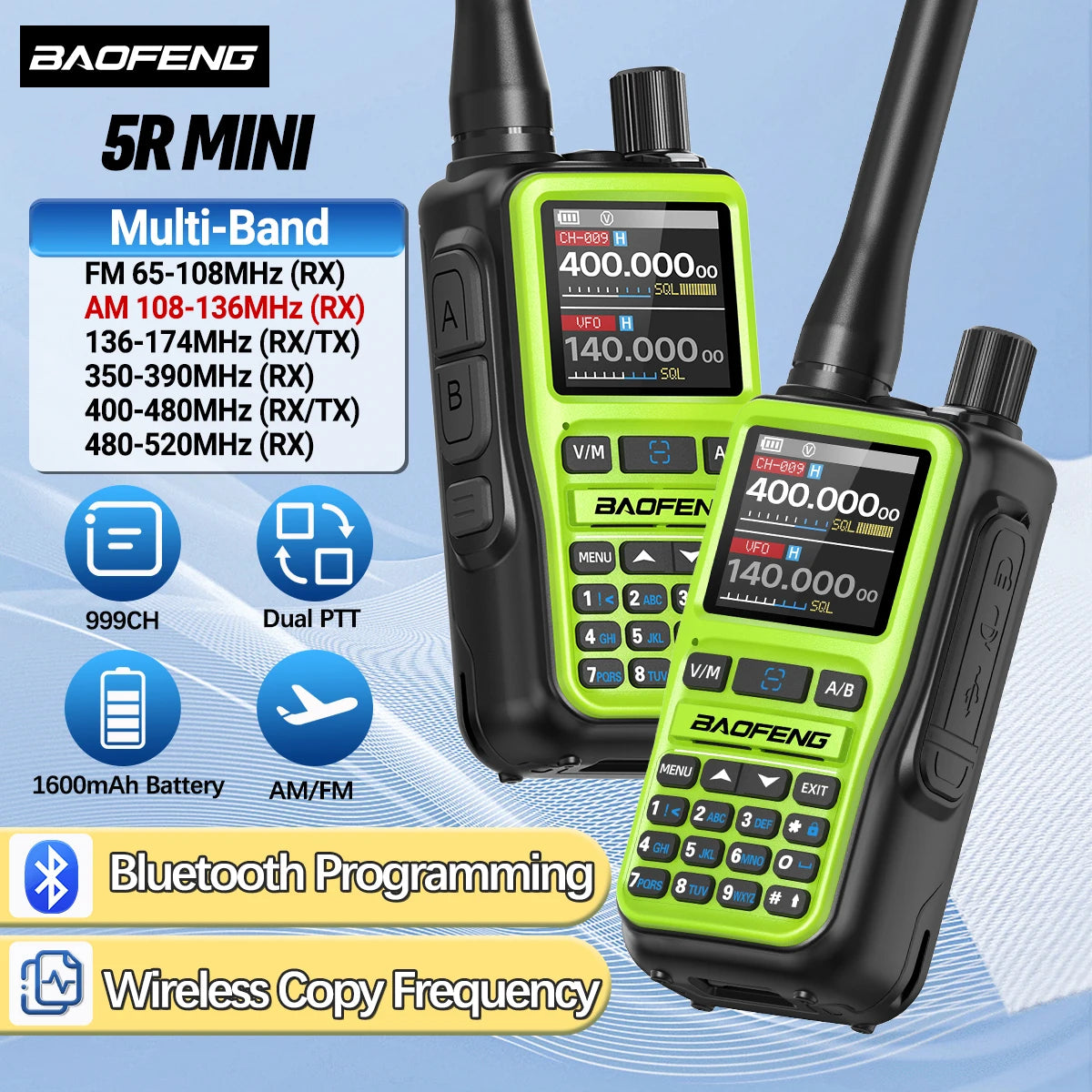 2PCS Baofeng UV-5R Mini Walkie Talkie NOAA Bluetooth Programming USB-C Charging AM Wireless Copy Frequency Full Band FM Two Way