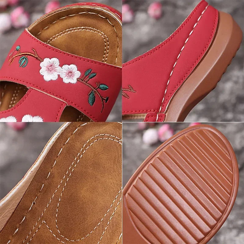 Women Slippers Embroider Flowers Leather Woman Sandals 2025 Outdoor Light Casual Wedges Slippers Slip on Summer Shoes for Women