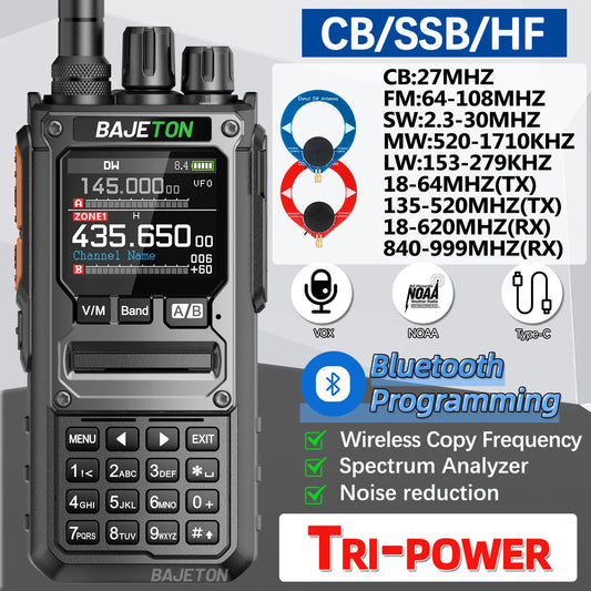 BAJETON BJ-7800 Walkie Talkie Long Range SW MW LW AM SSB CB 10W Receive Wireless Bluetooth Phone Programming NOAA Two Way Radio