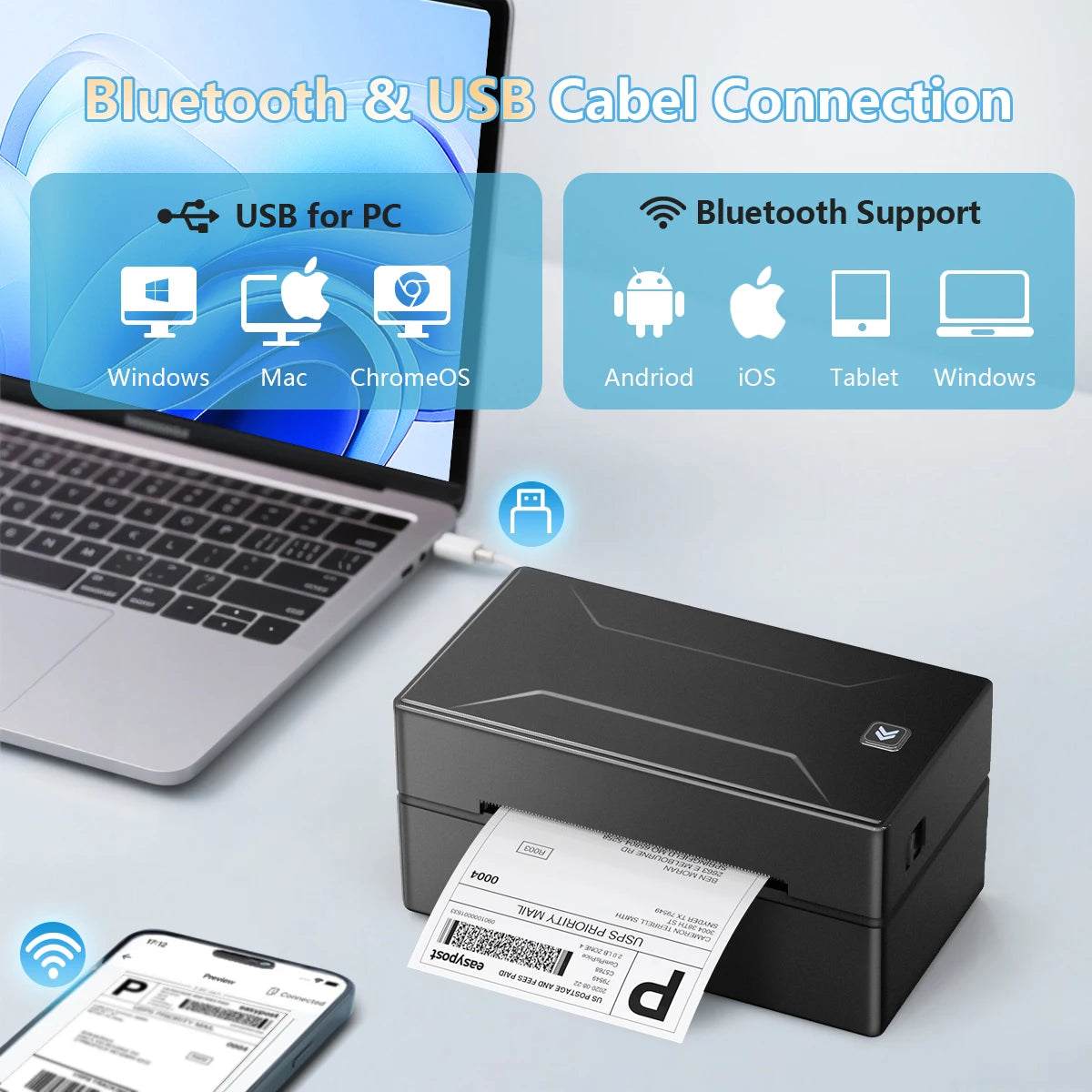 Bluetooth HD Printer D100 Black Protable Thermal Small Shipping Label Printer Compatible with iPhone Android Mac Window
