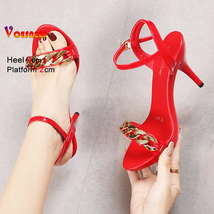 Women's Pure Color Sandals Open Toe High Heels with Thin Chain Belt Fashion Shoes Summer Buckle Strap Party Shoes Black Pumps